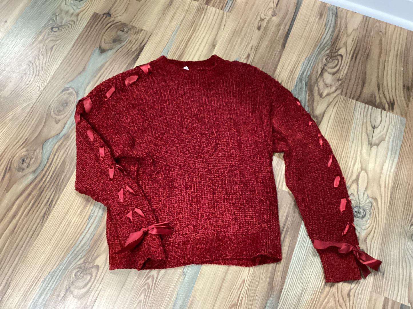 Wine Lace Up Sleeve Sweater