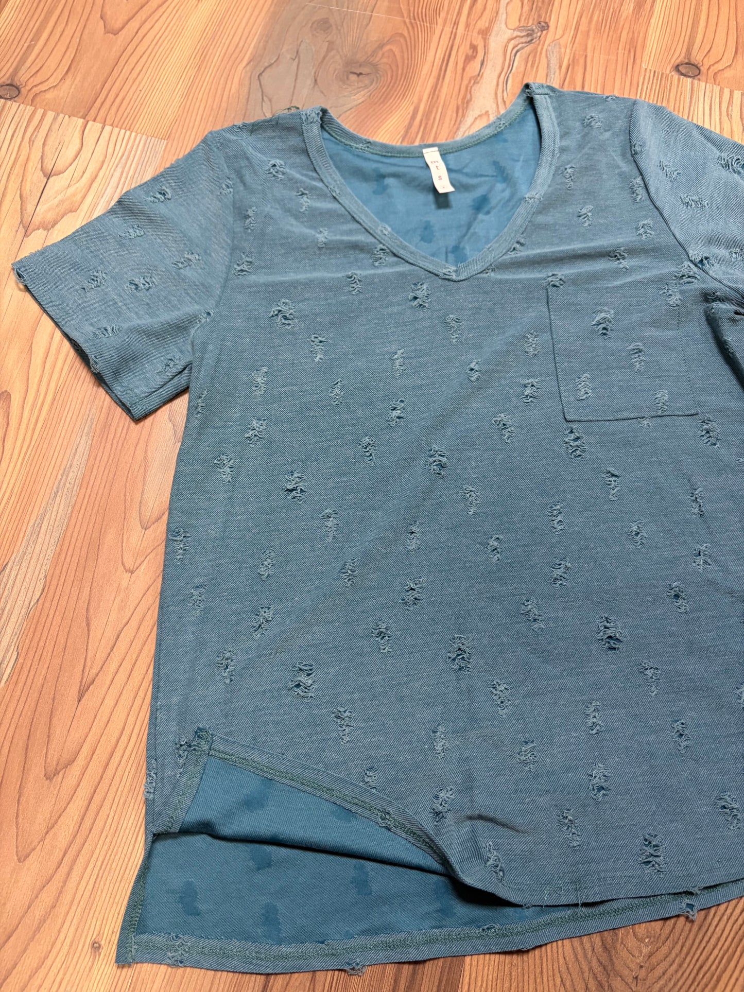 Teal Distressed V Neck