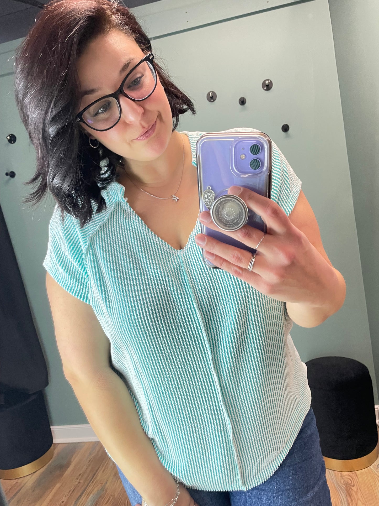 Aqua Ribbed V Neck Short Sleeve