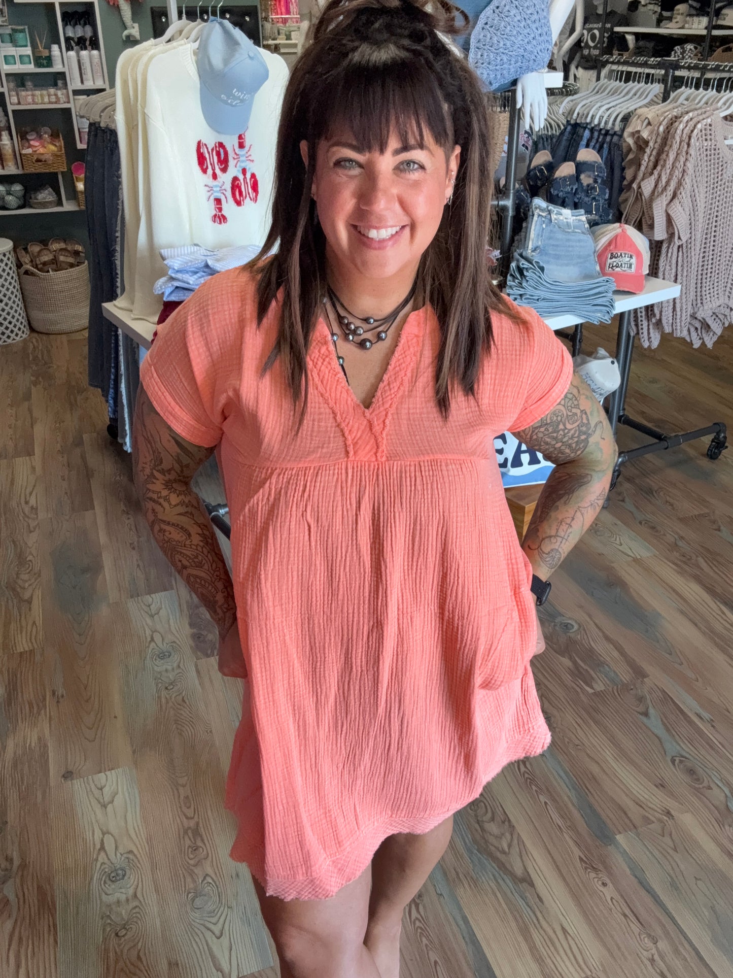 Washed Coral Babydoll Dress