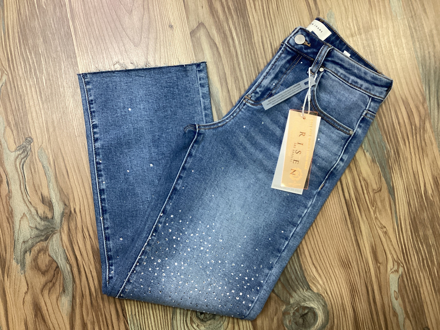 High Waist Straight Crop Rhinestone Risen Jeans