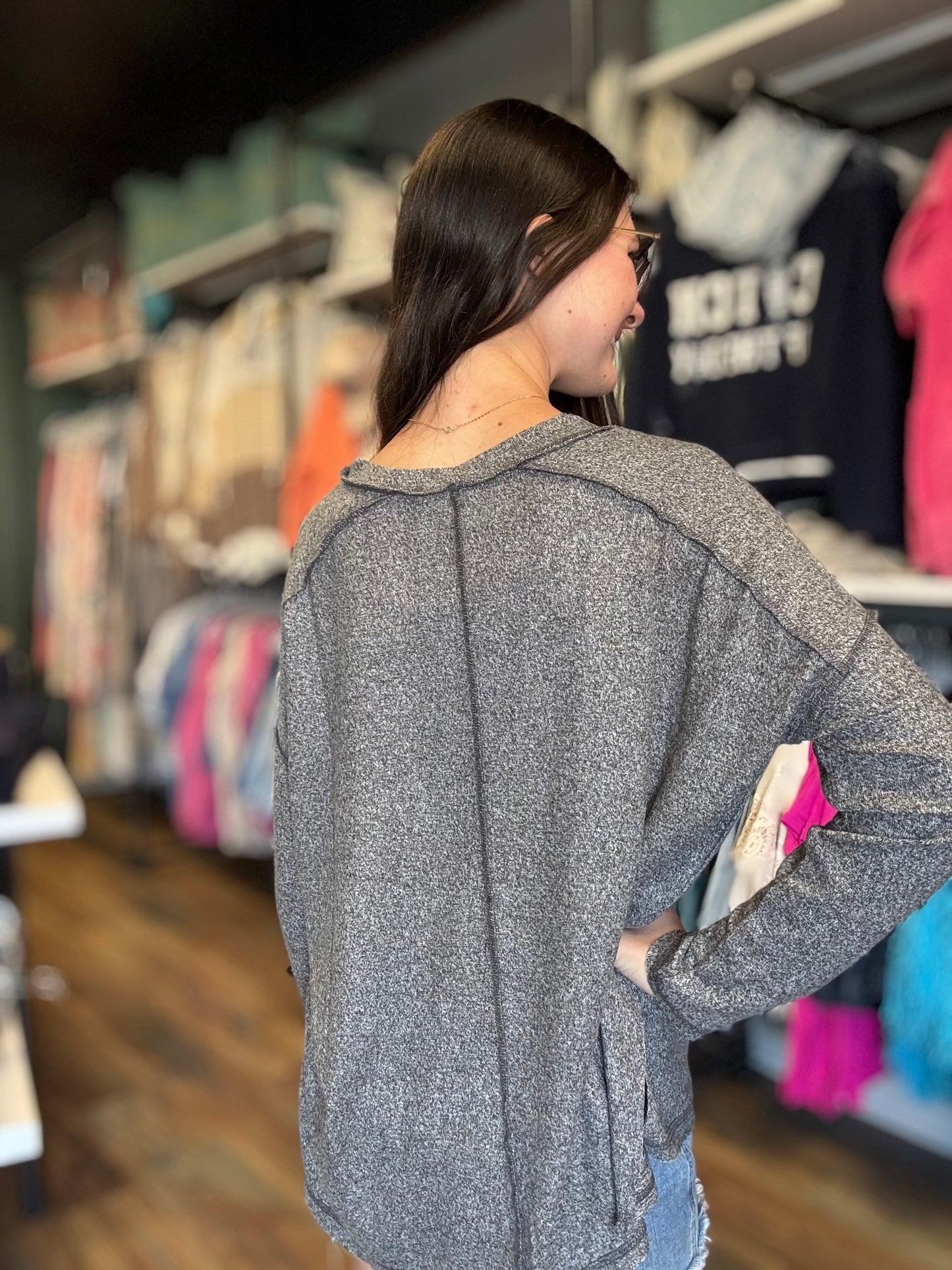 Washed Black Softy Hacci Long Sleeve Zenana