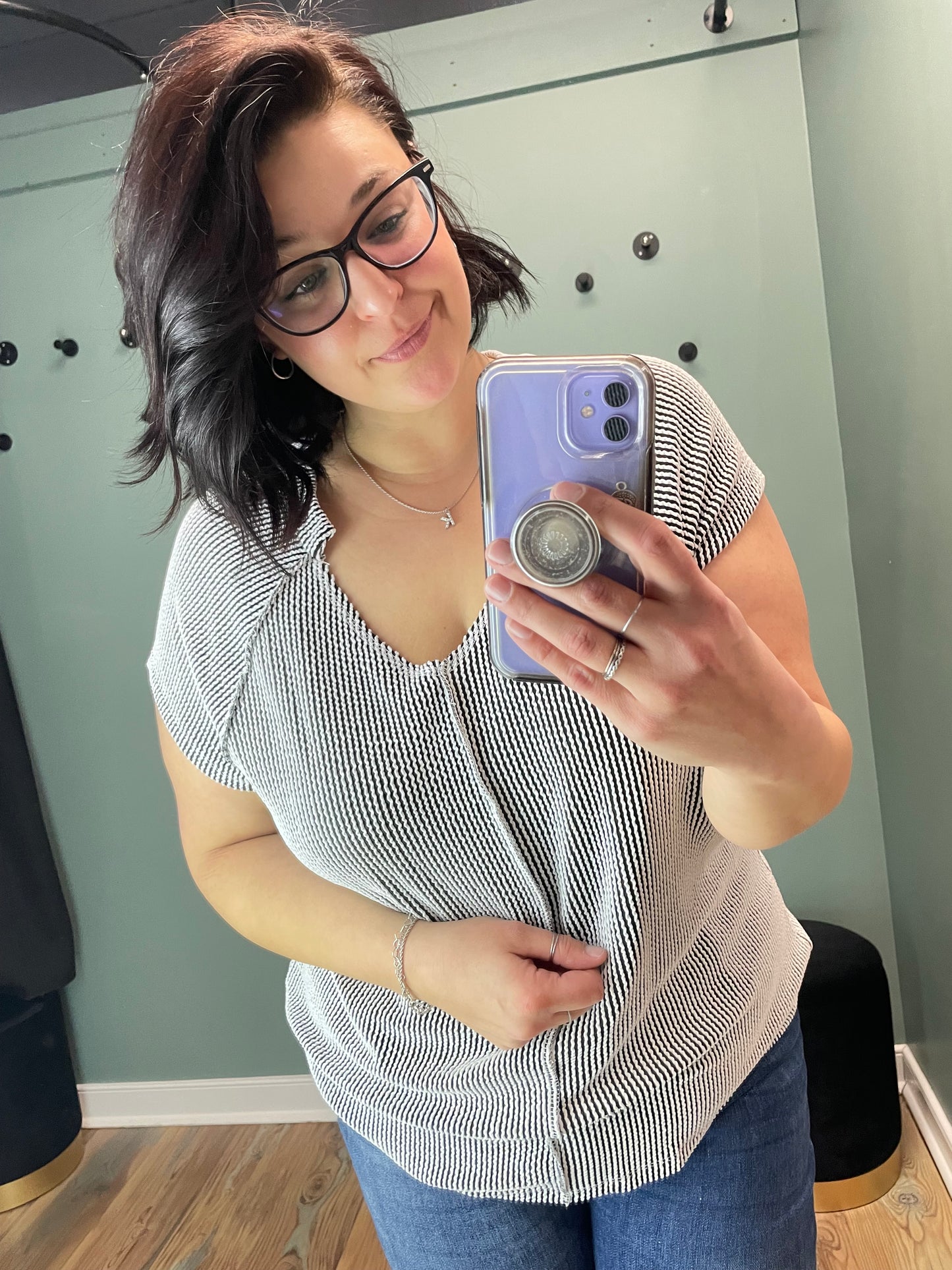 Black Ribbed V Neck Short Sleeve