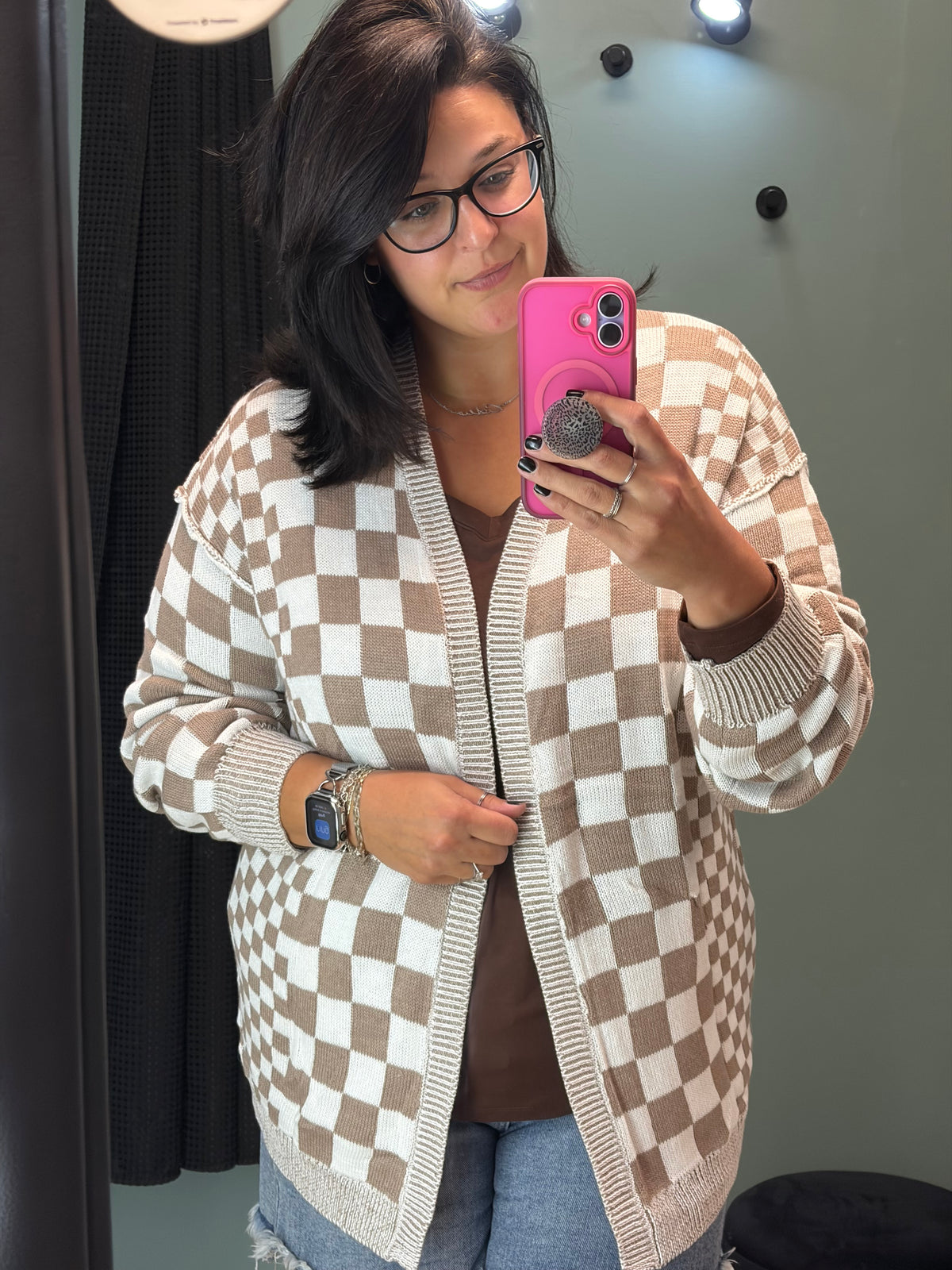 Checkered Open Front Cardigan