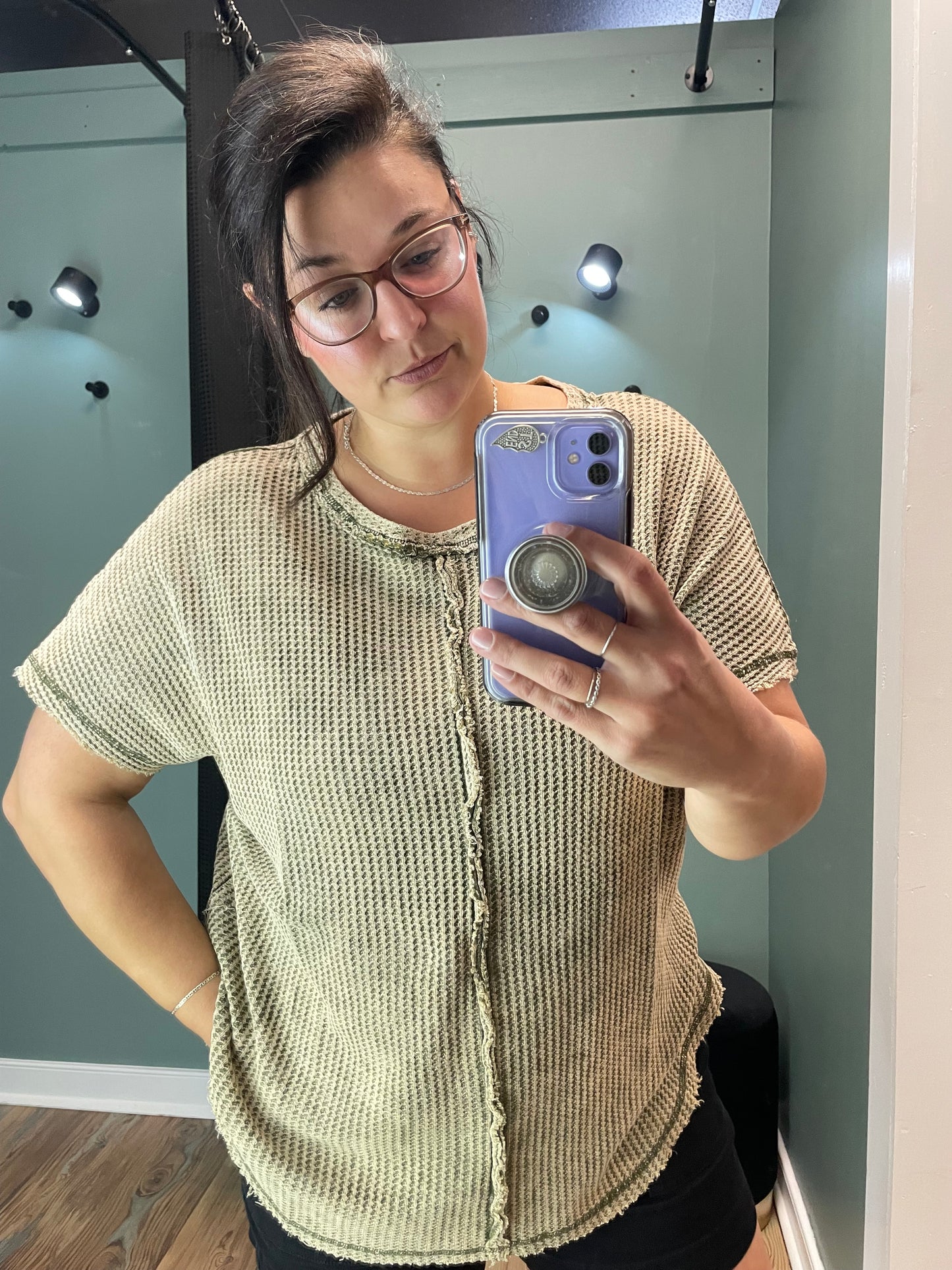 Washed Olive Baby Waffle Short Sleeve Top