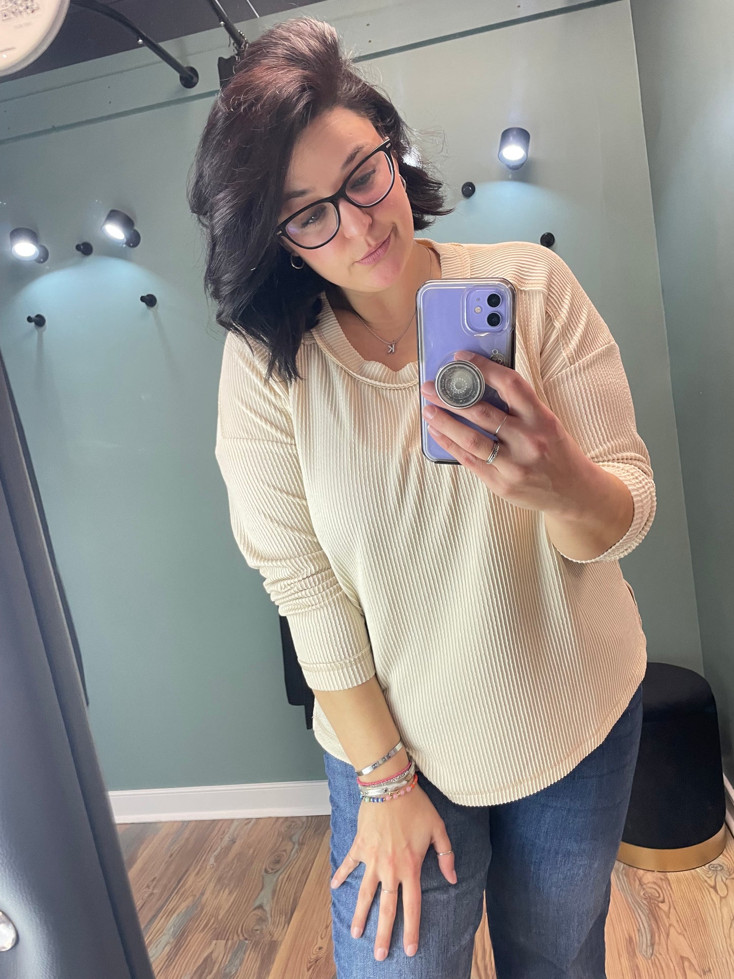 Cream Ribbed Crew Neck Long Sleeve