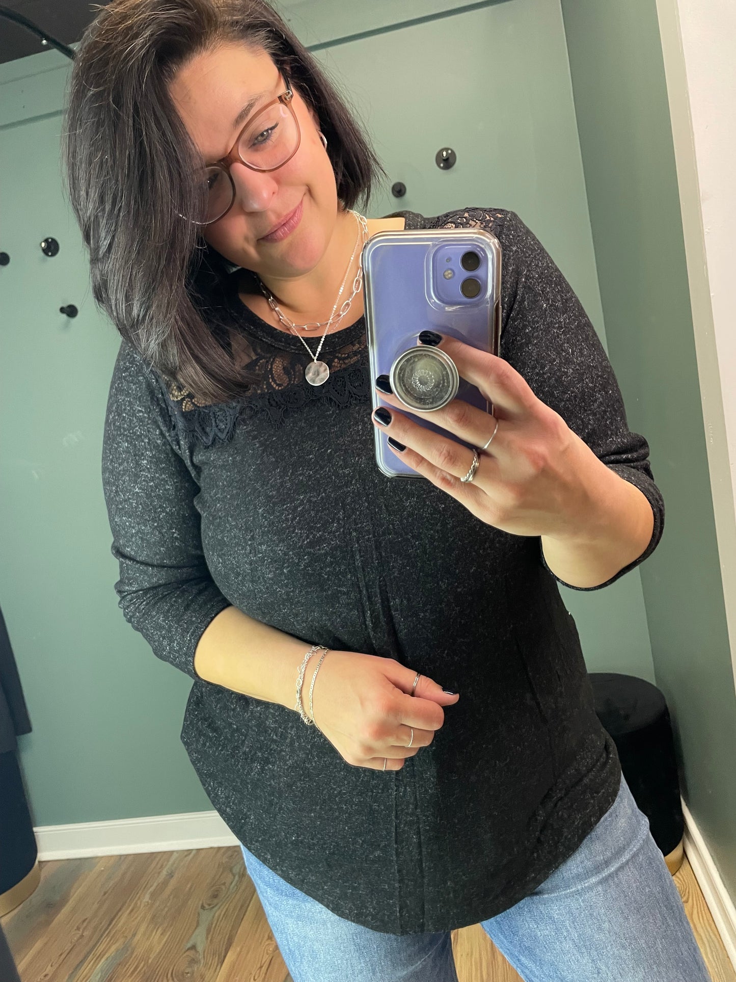 Charcoal Lace Contrast Softy Long Sleeve Tunic