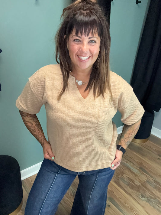 Khaki Ribbed Cropped V Neck