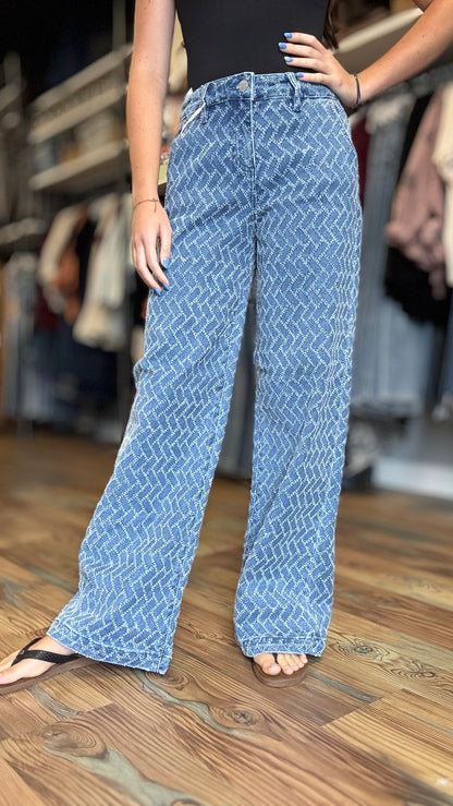 Risen High Waist Textured Jeans
