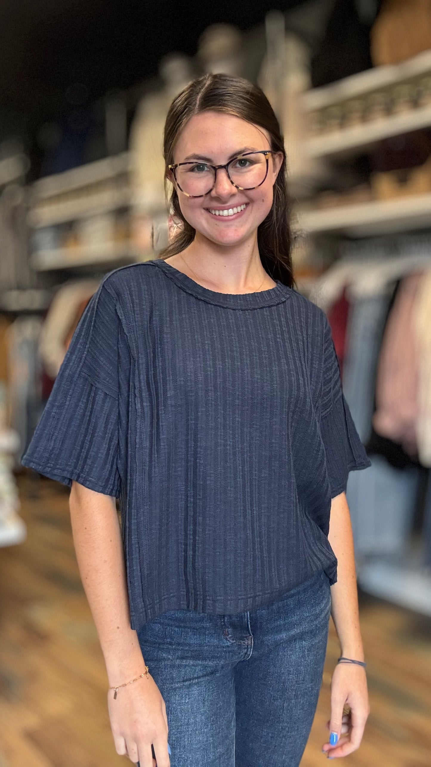 Ribbed Navy Star Top