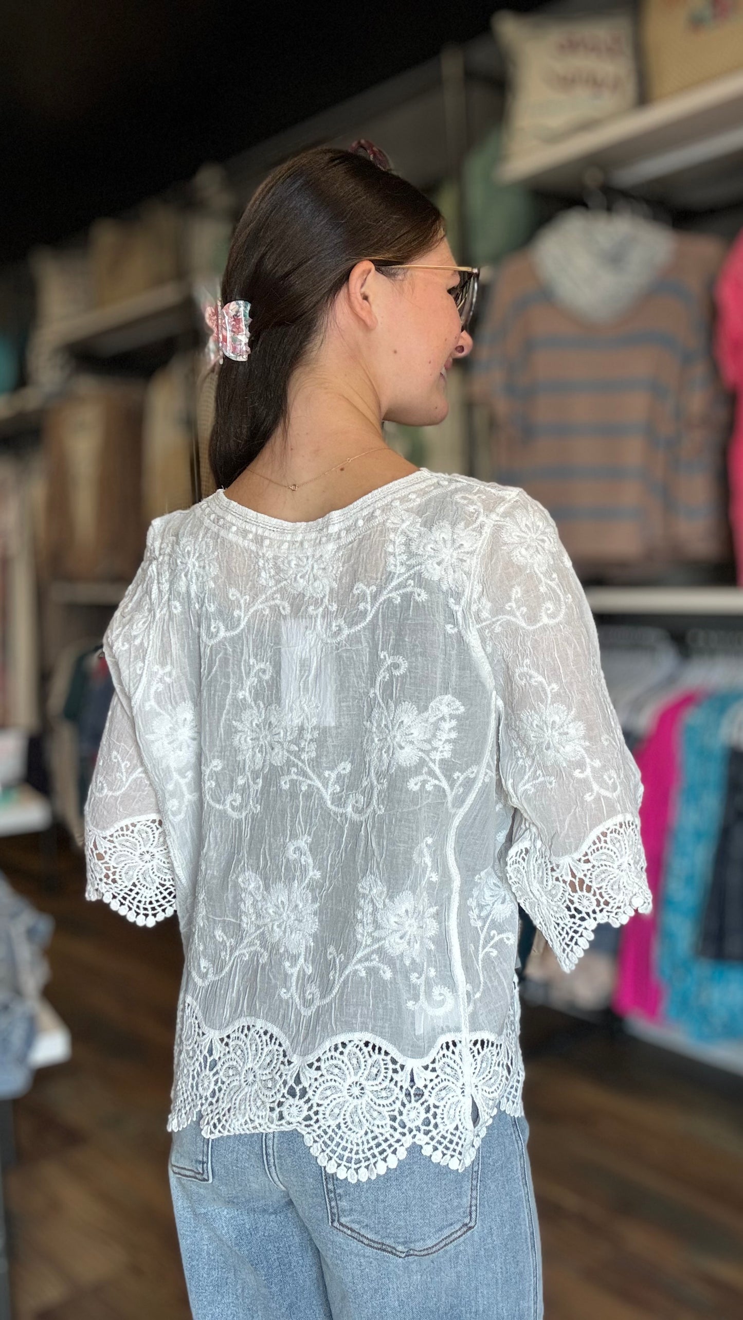 White Embroidered Scalloped Top