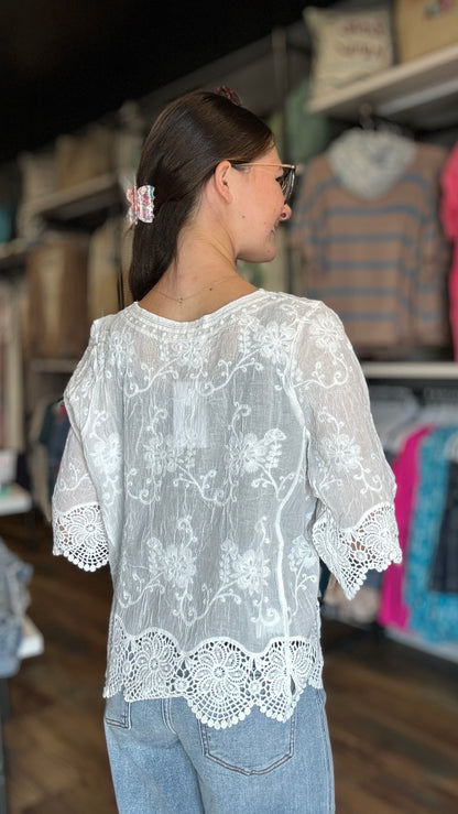White Embroidered Scalloped Top