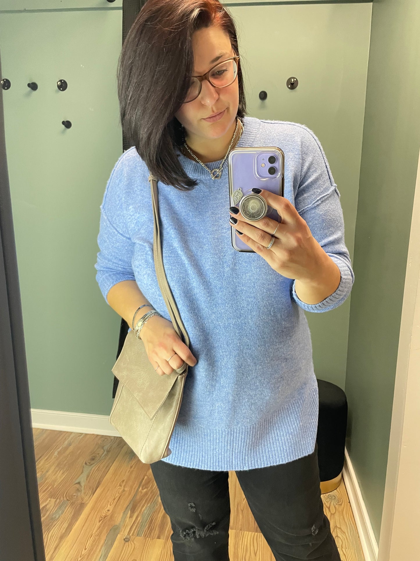 Blue Crew Neck Side Slit Tunic Sweater