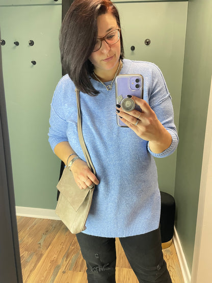 Blue Crew Neck Side Slit Tunic Sweater