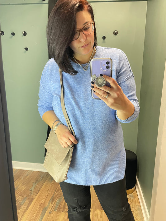 Blue Crew Neck Side Slit Tunic Sweater