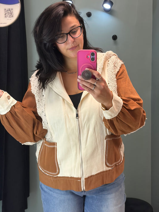 Cream Rust Crochet Hoodie