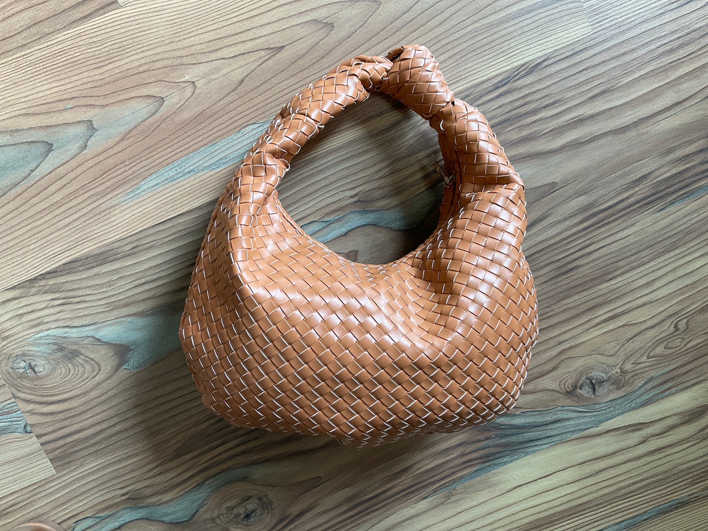 Camel Woven Knot Top Bag