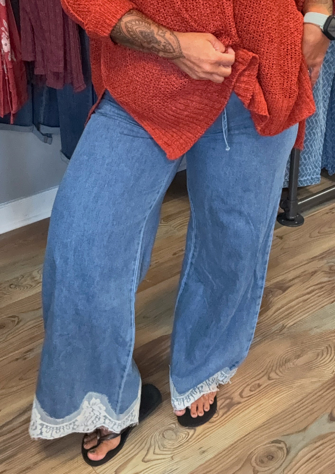 Chambray Wide-Leg Pants Lace Hem