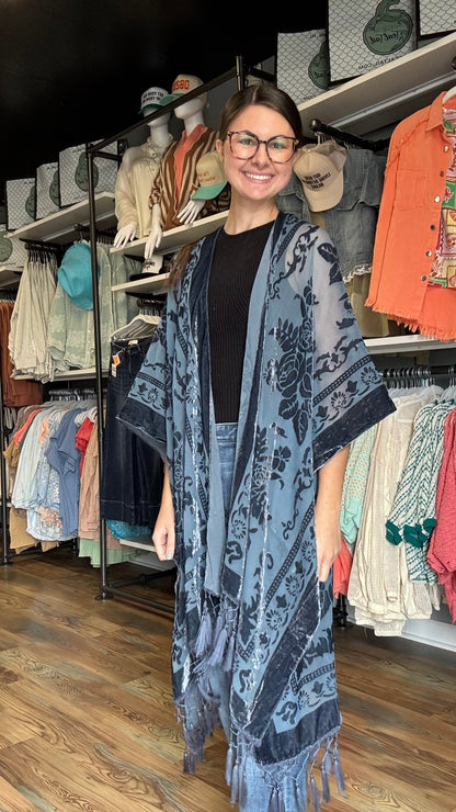 One Size Blue Velvet Tassel Kimono