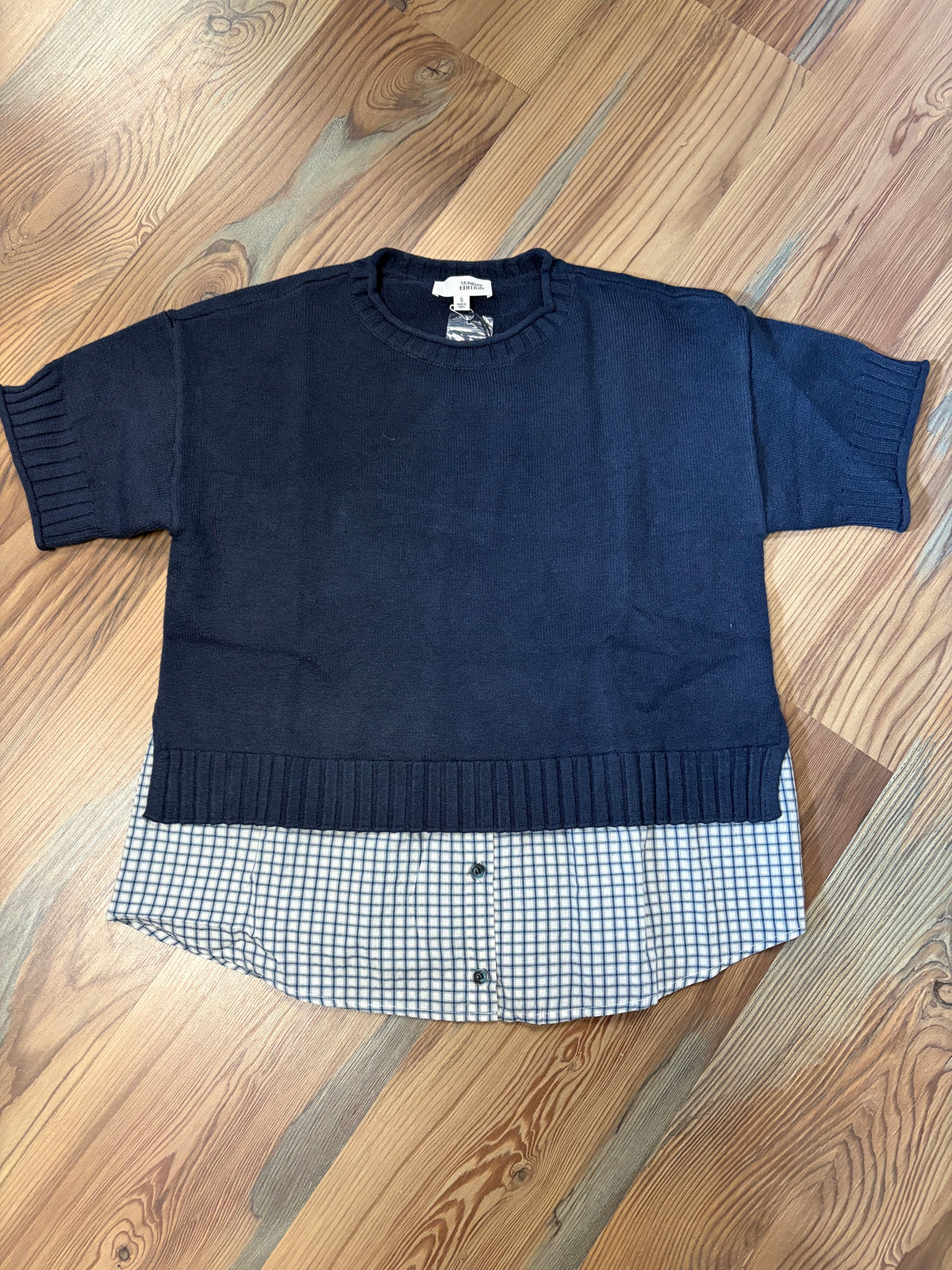Navy Layered Plaid Sweater Top