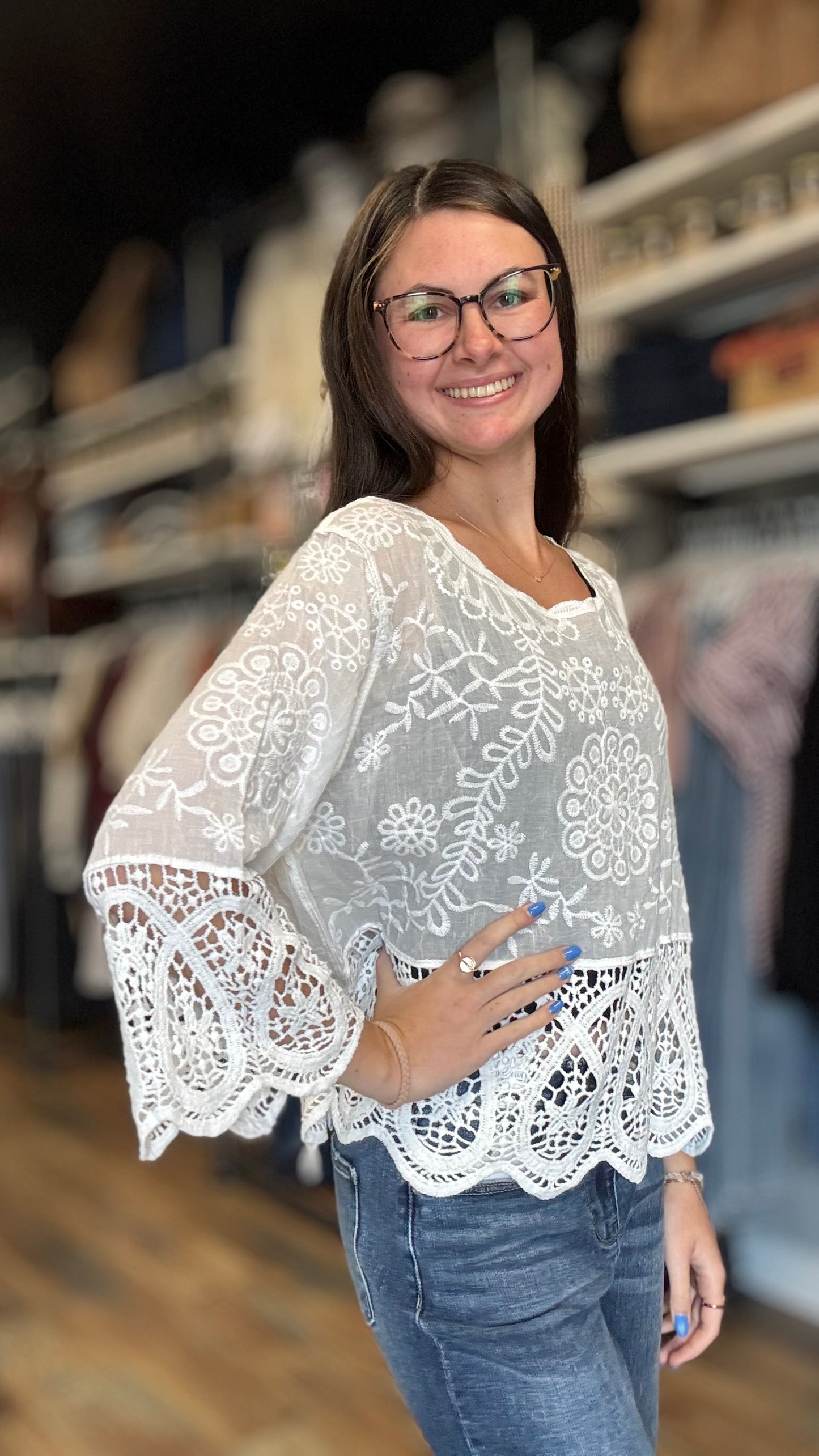 White Crochet Embroidered Top