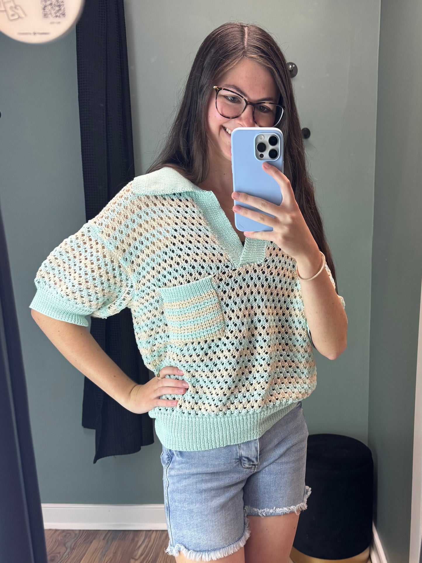Mint Cream Stripe Collared Knit