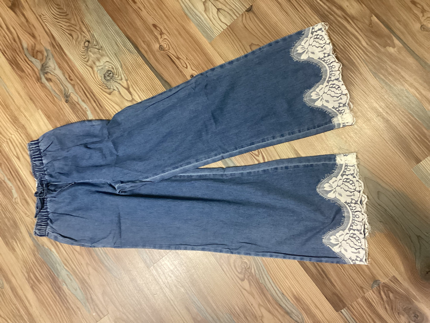 Chambray Wide-Leg Pants Lace Hem