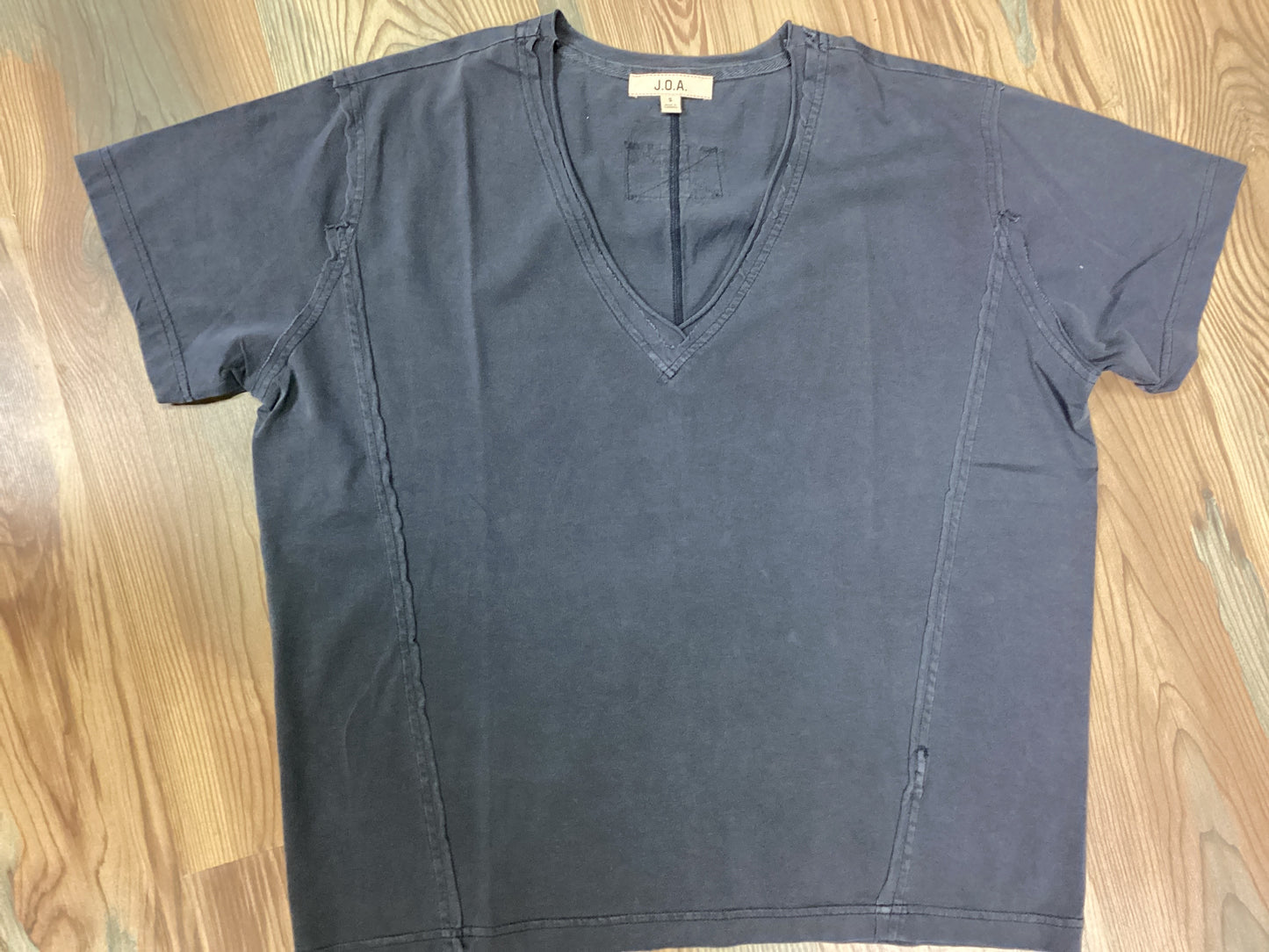 Navy V Neck Raw Edge Short Sleeve