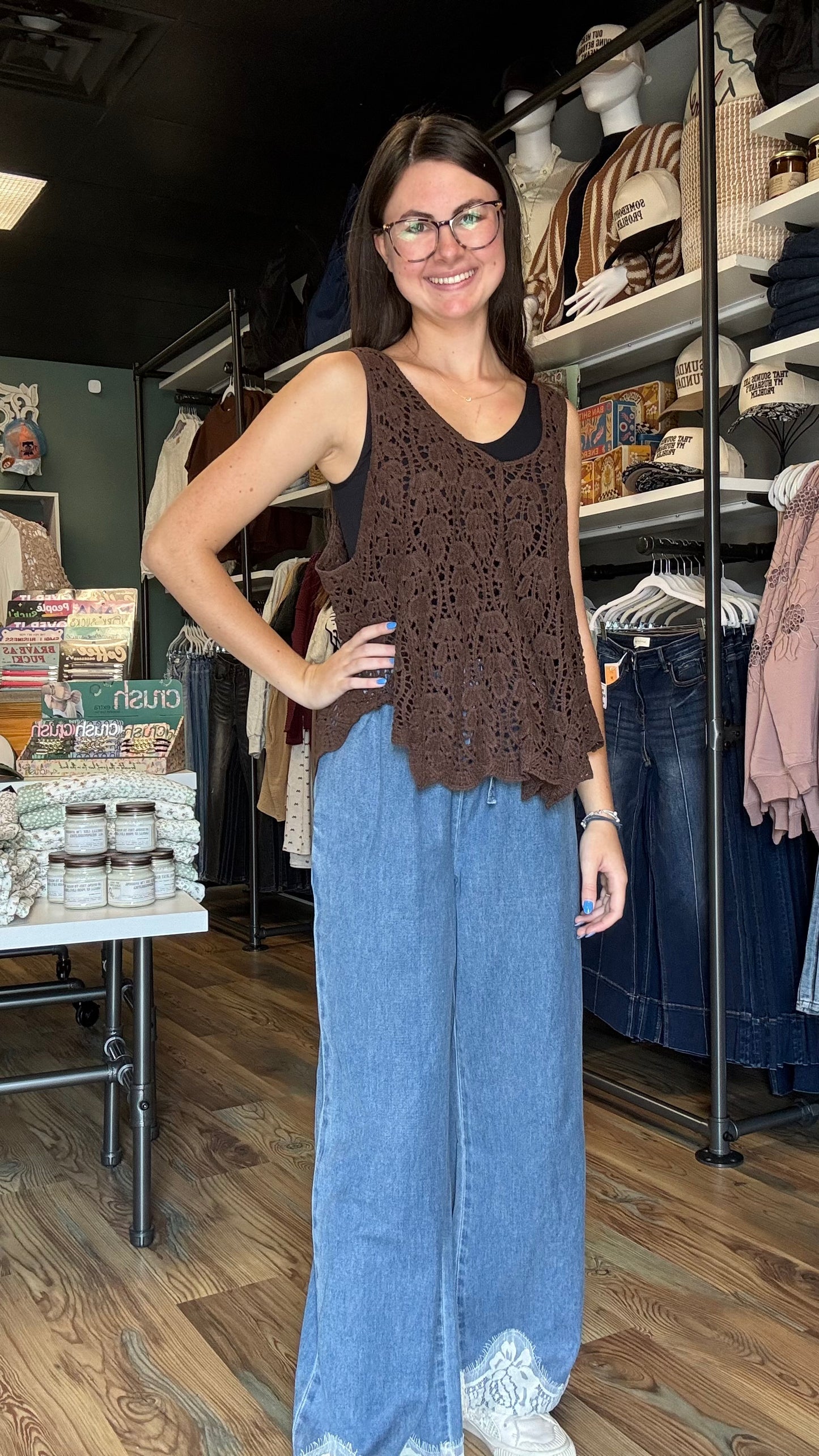 Chocolate Brown Crochet Tank One Size