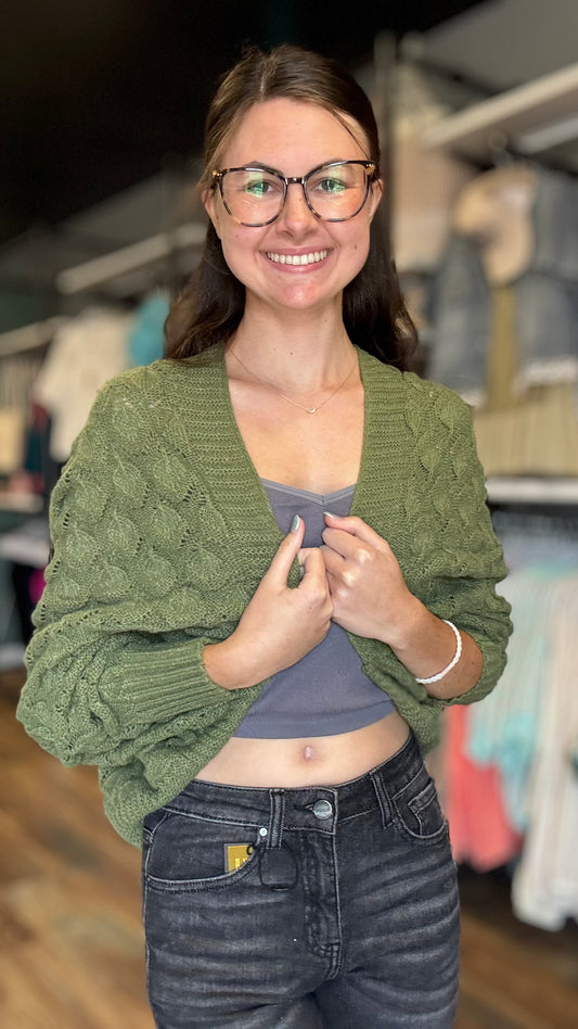 One Size Olive Textured Cropped Cardi