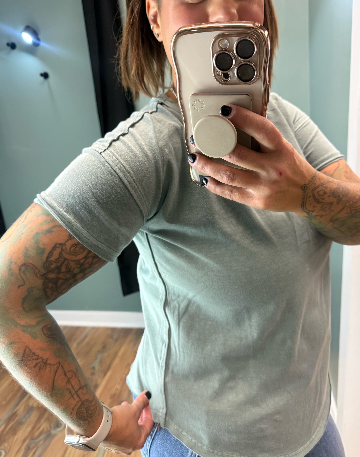 Washed Sage Exposed Seam Crew Neck