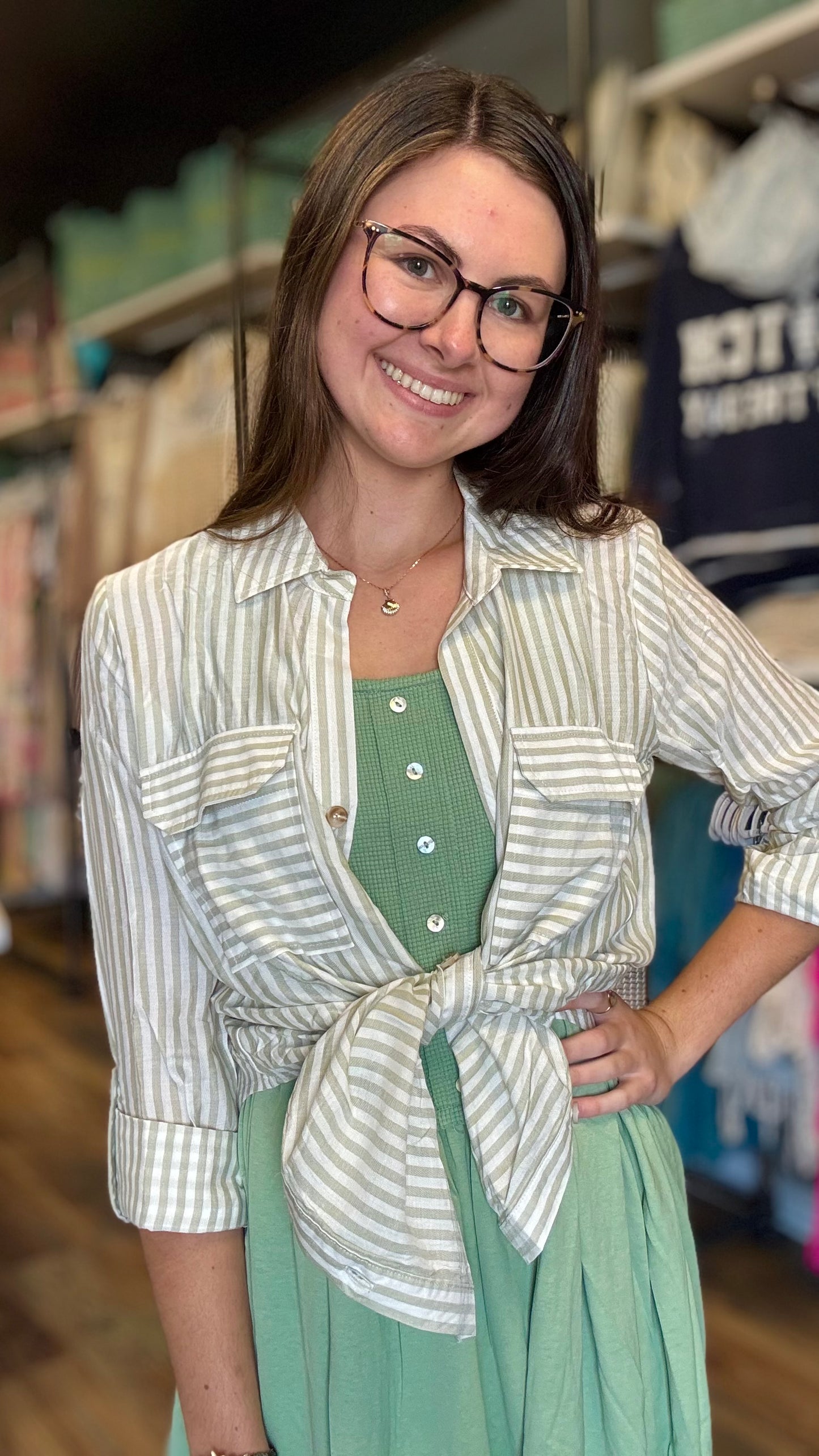 Sage Cream Striped Button Down