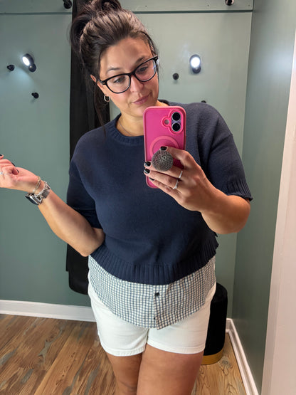 Navy Layered Plaid Sweater Top