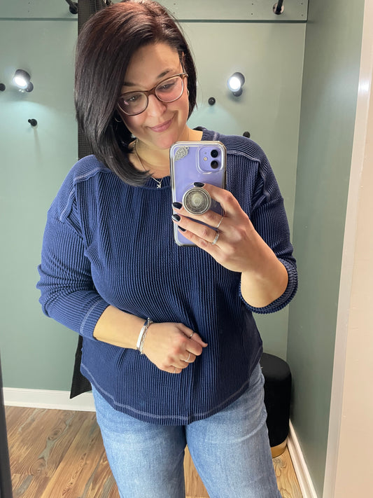 Navy Ribbed Crew Neck Long Sleeve