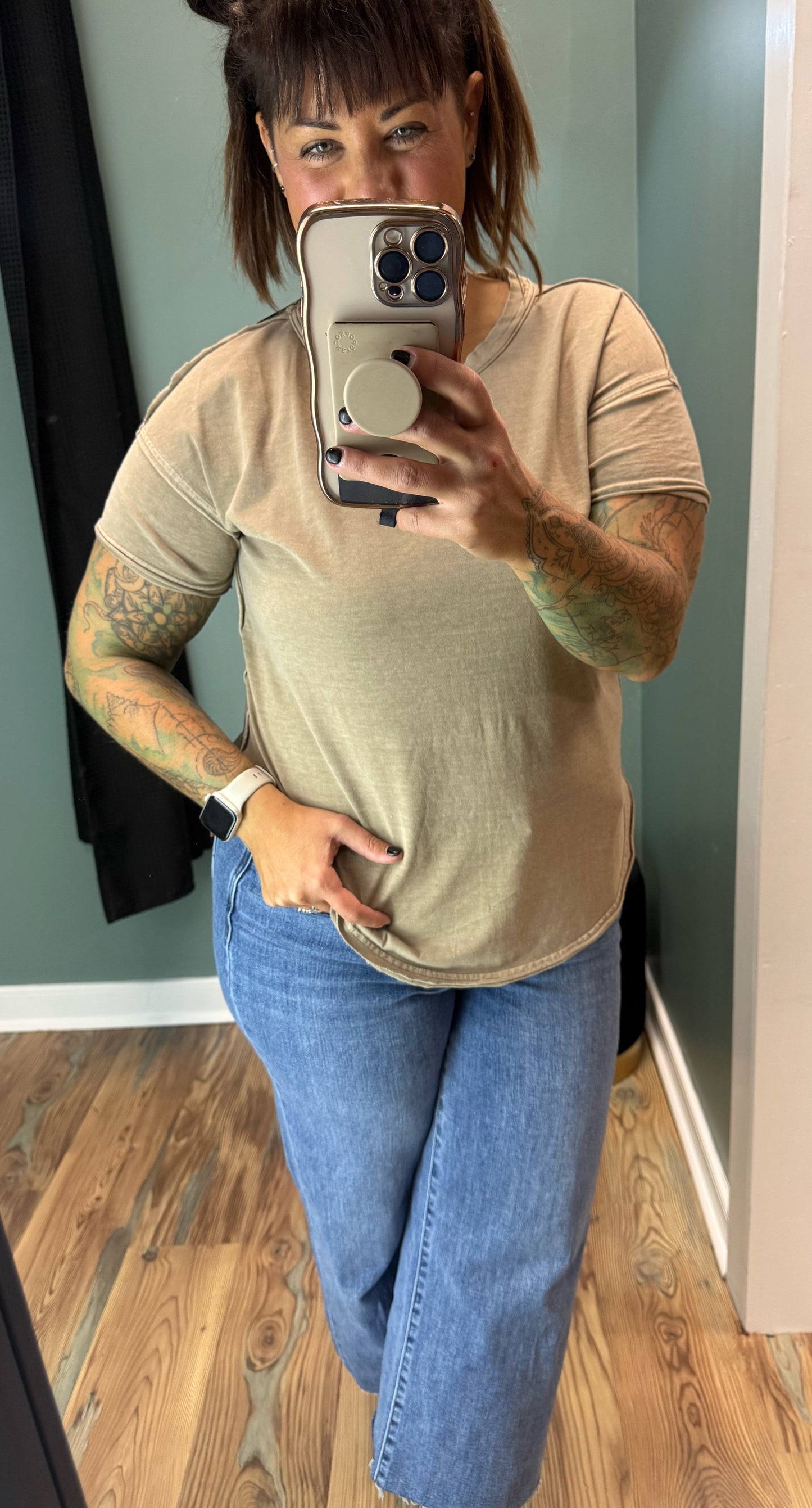 Washed Khaki Exposed Seam Crew Neck