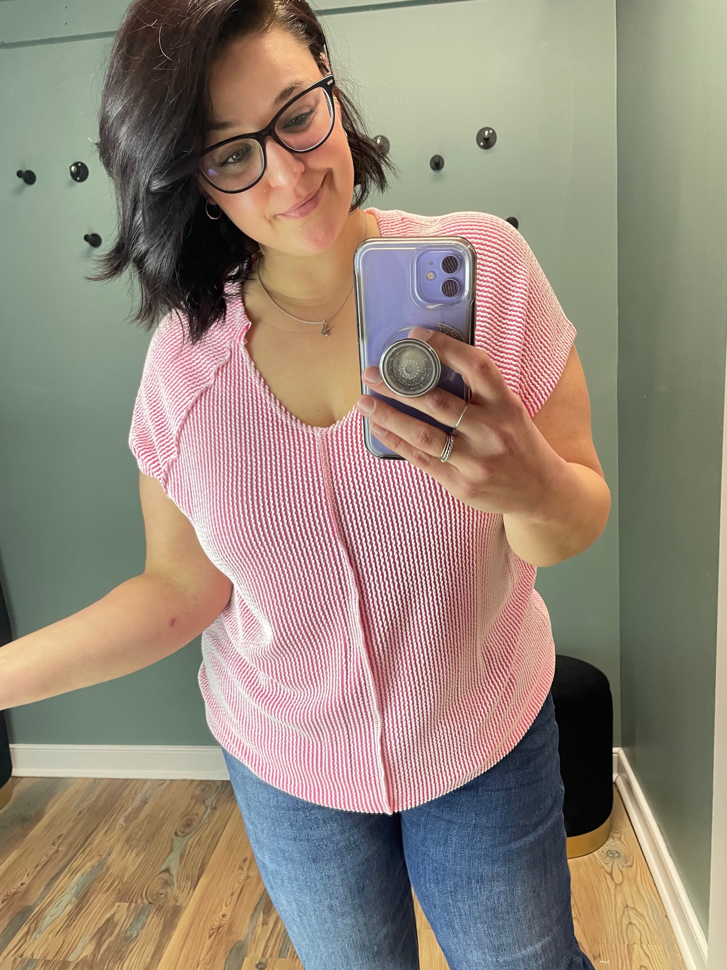 Pink Ribbed V Neck Short Sleeve