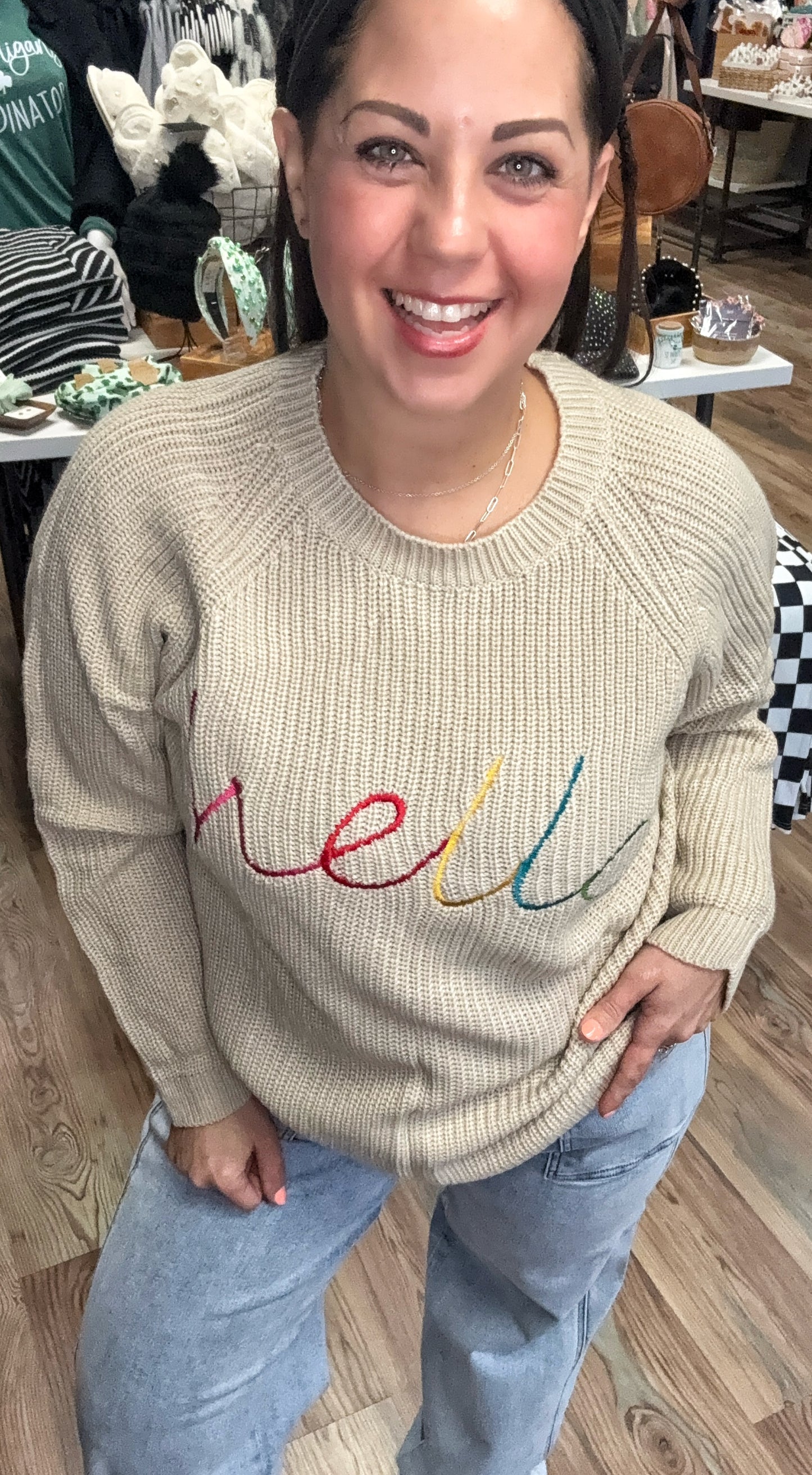 Annie Wear HELLO Embroidered Raglan Sleeve Sweater