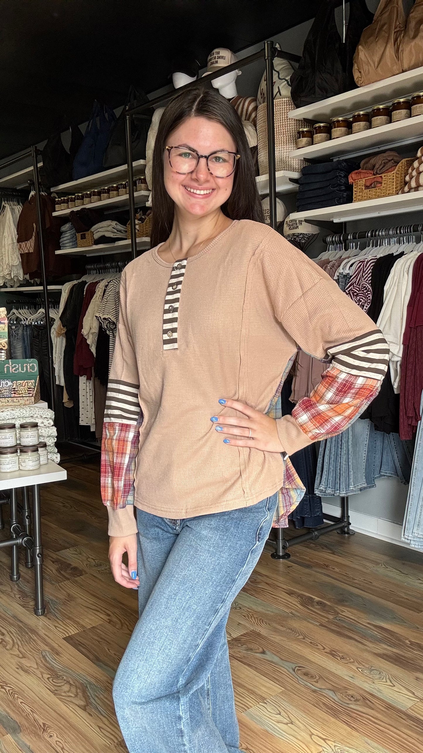 Tan Waffle Plaid Long Sleeve