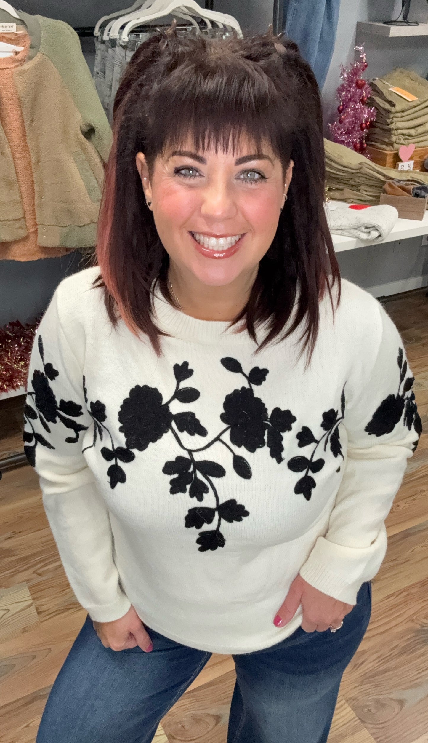 Ivory Black Floral Knit