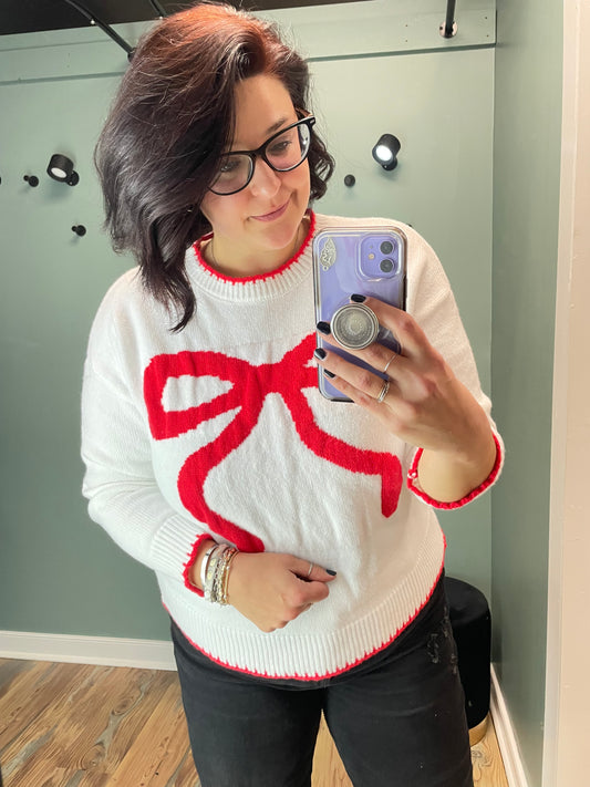 Red Bow White Sweater