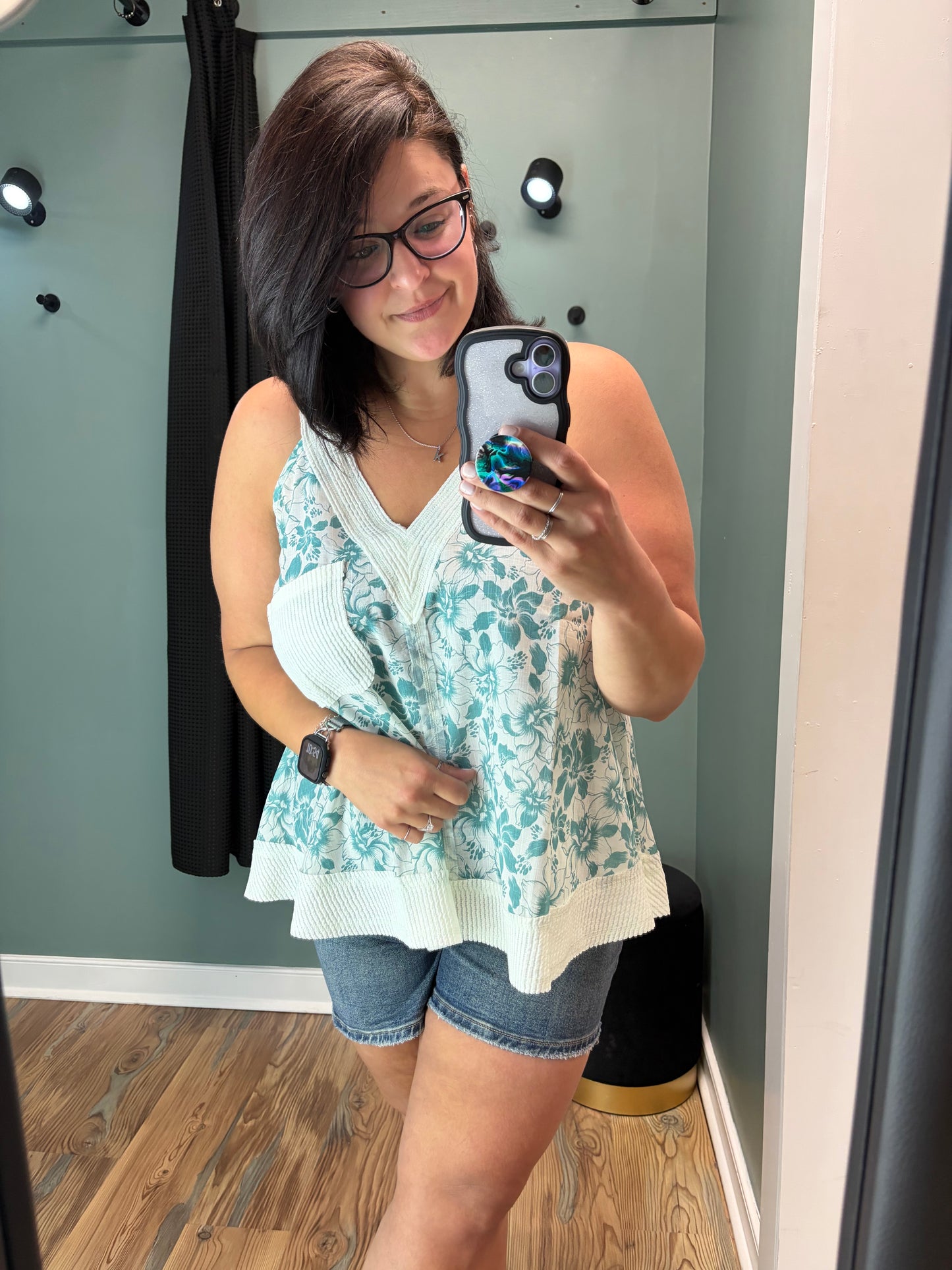 Teal Floral Flowy Tank POL