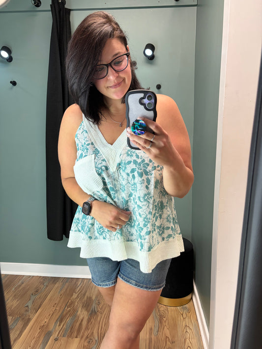 Teal Floral Flowy Tank POL