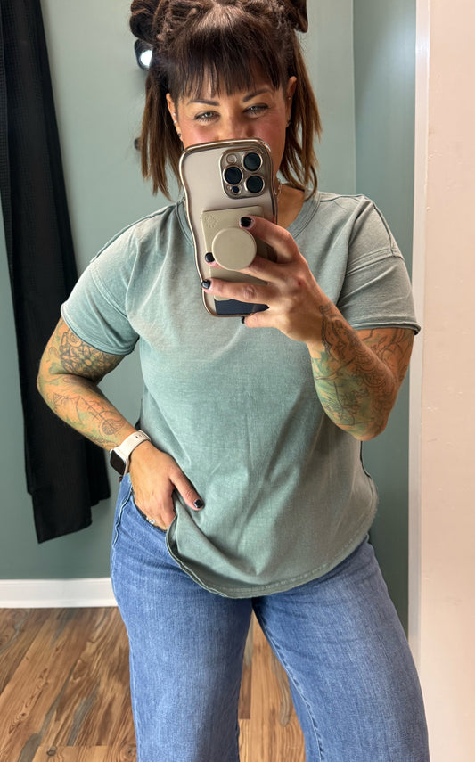 Washed Sage Exposed Seam Crew Neck