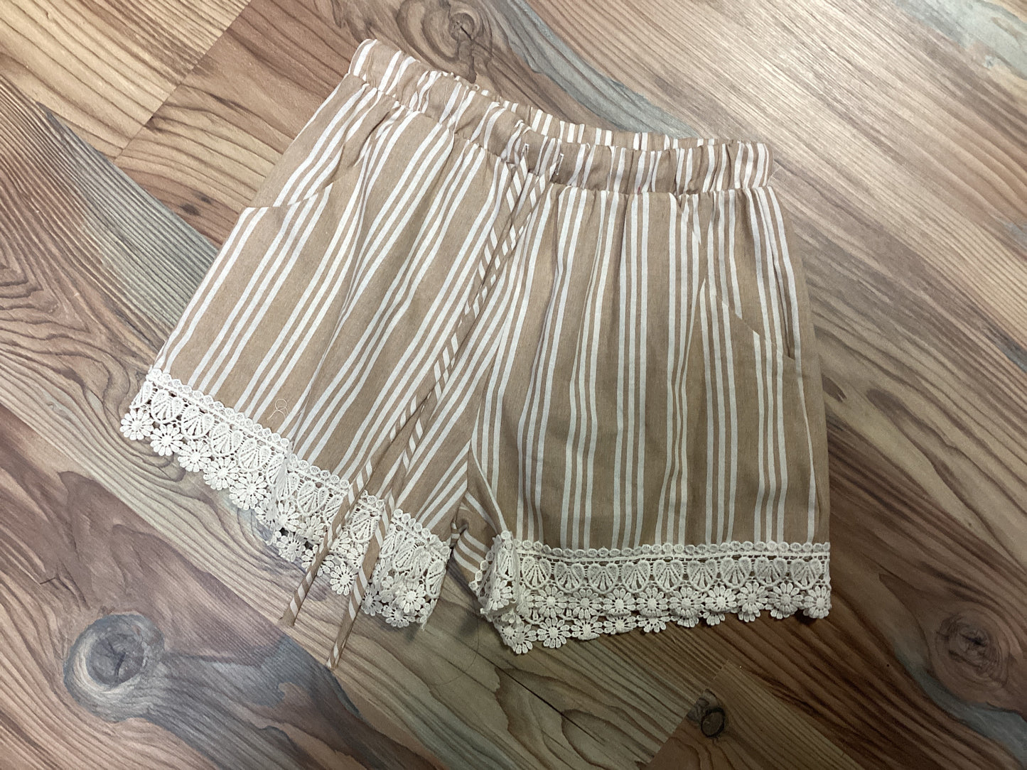 Crochet Hem Tan Striped Shorts