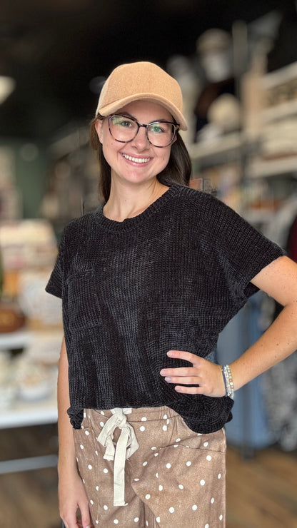 Black Chenille Waffle Top