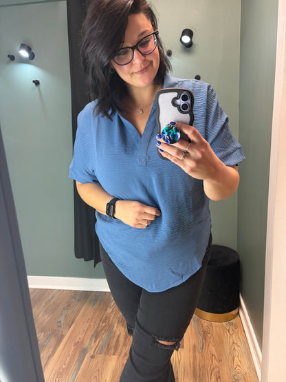 Dusty Blue Collared Short Sleeve
