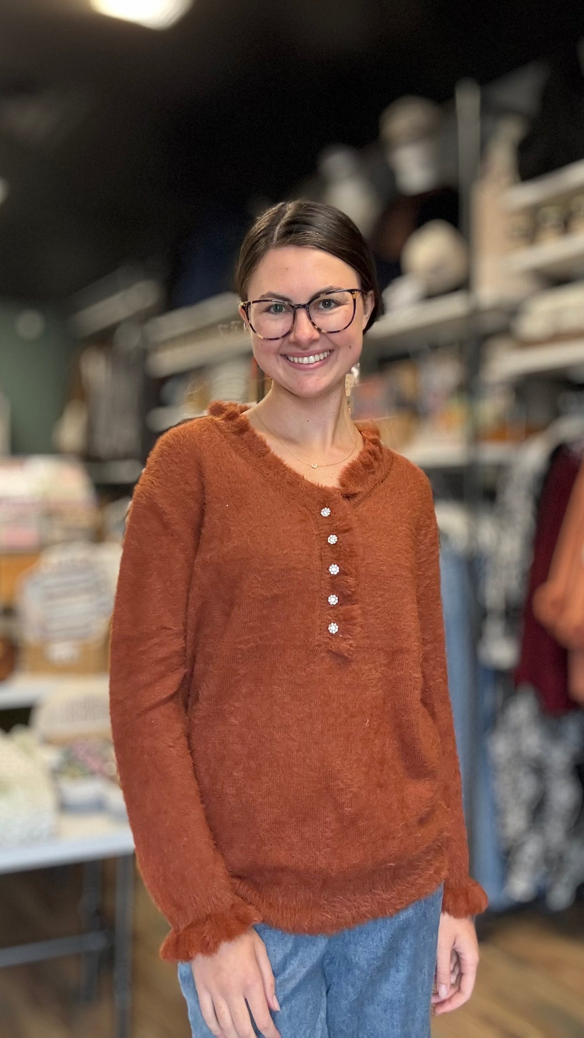 Rust Fuzzy Ruffle Sweater