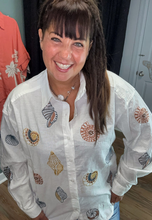Seashell Embroidered Button Down