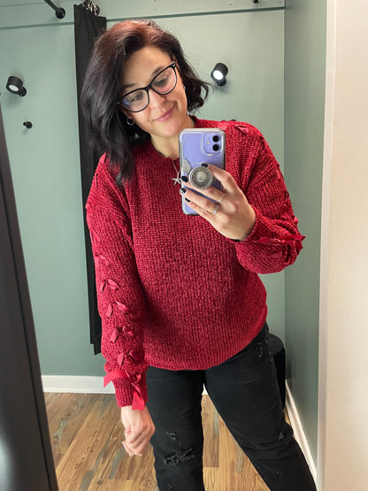 Wine Lace Up Sleeve Sweater