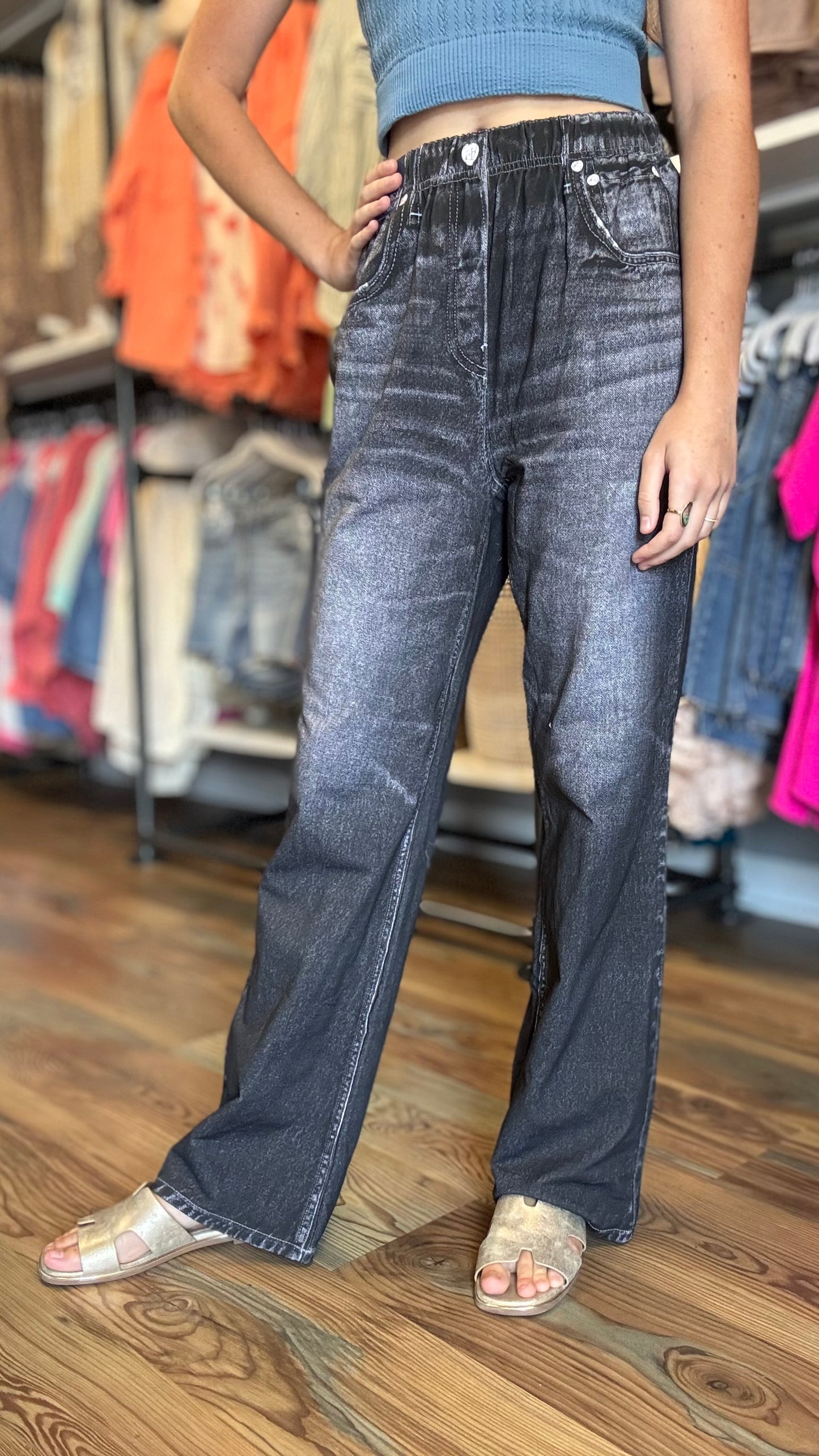 Zenim Pull On Straight Leg Charcoal Denim
